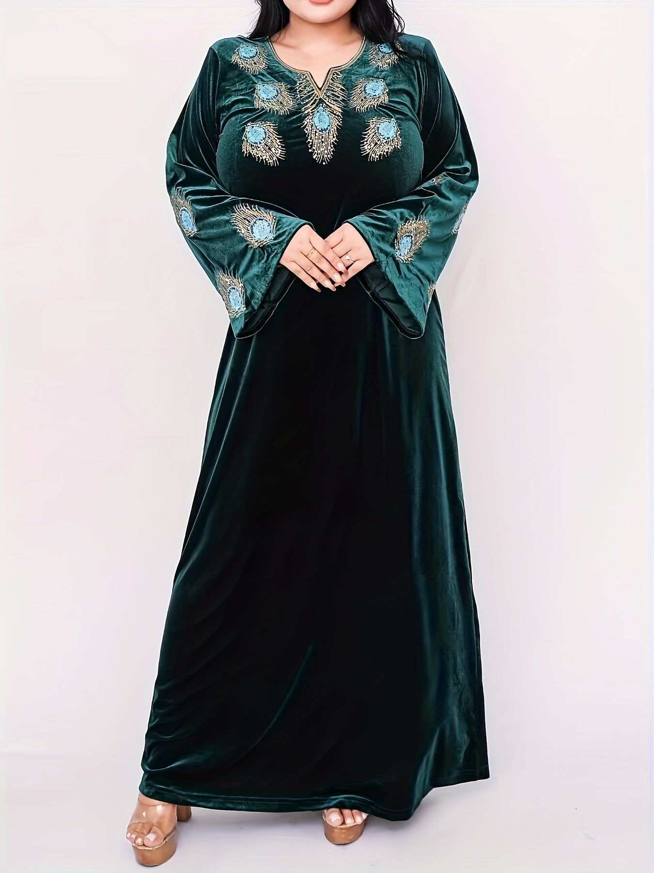 Vestido largo bordado para mujer, mezcla de poliéster, patrón de animales, cuello redondo, para todas las estaciones, corte recto