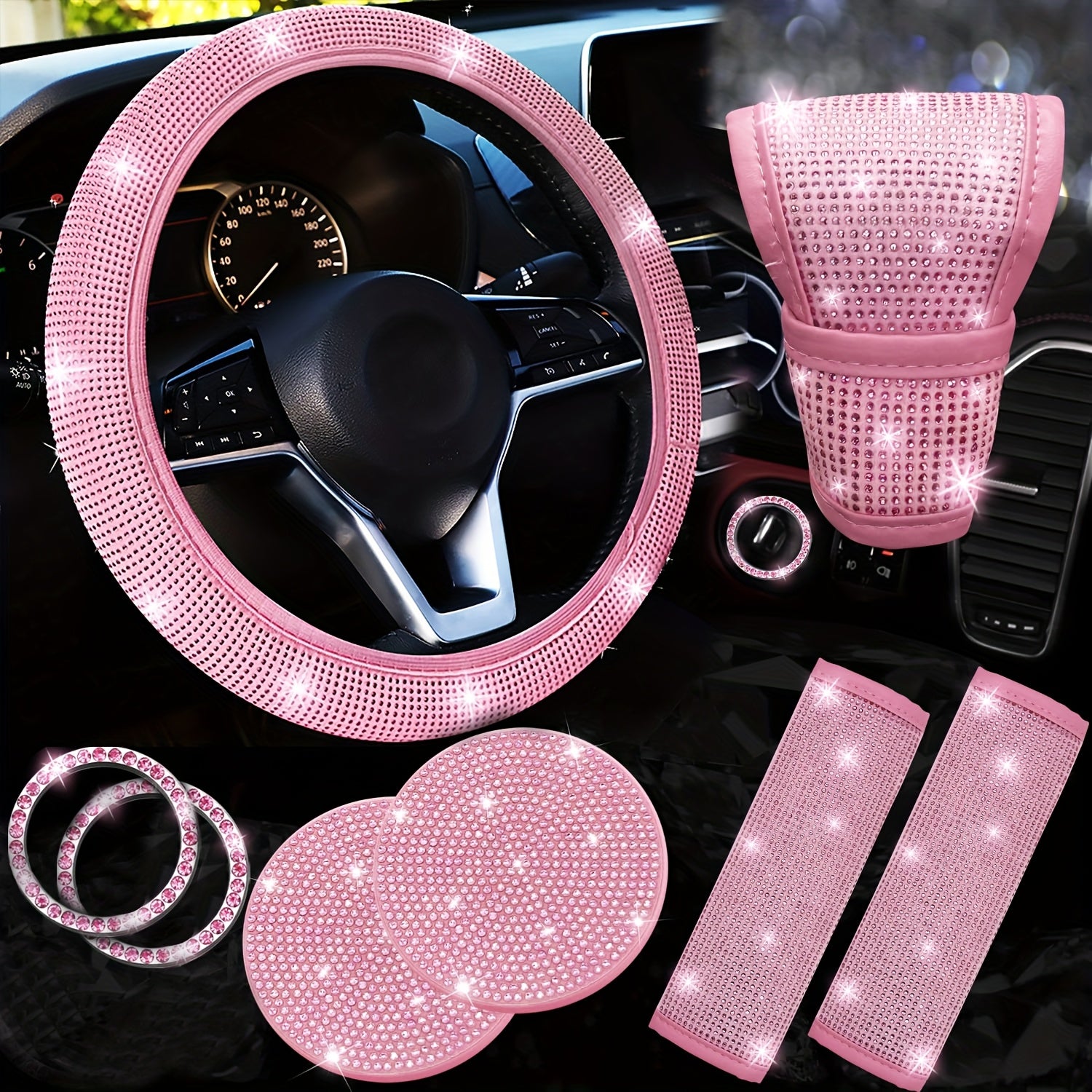 Artificial Rhinestone Car Interior Decoration 8Pcs Set Sparkling Auto Accessories