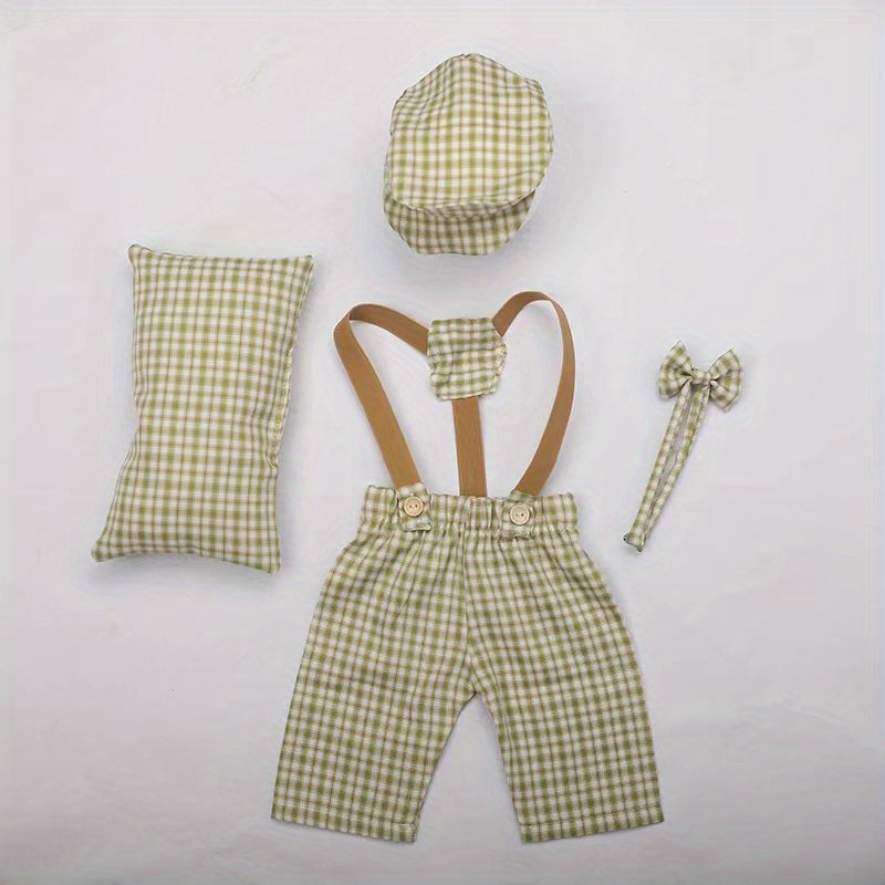 Set of 4 Newborn Baby Photography Props Plaid Costume for Infant Boys Girls Christmas Halloween Thanksgiving