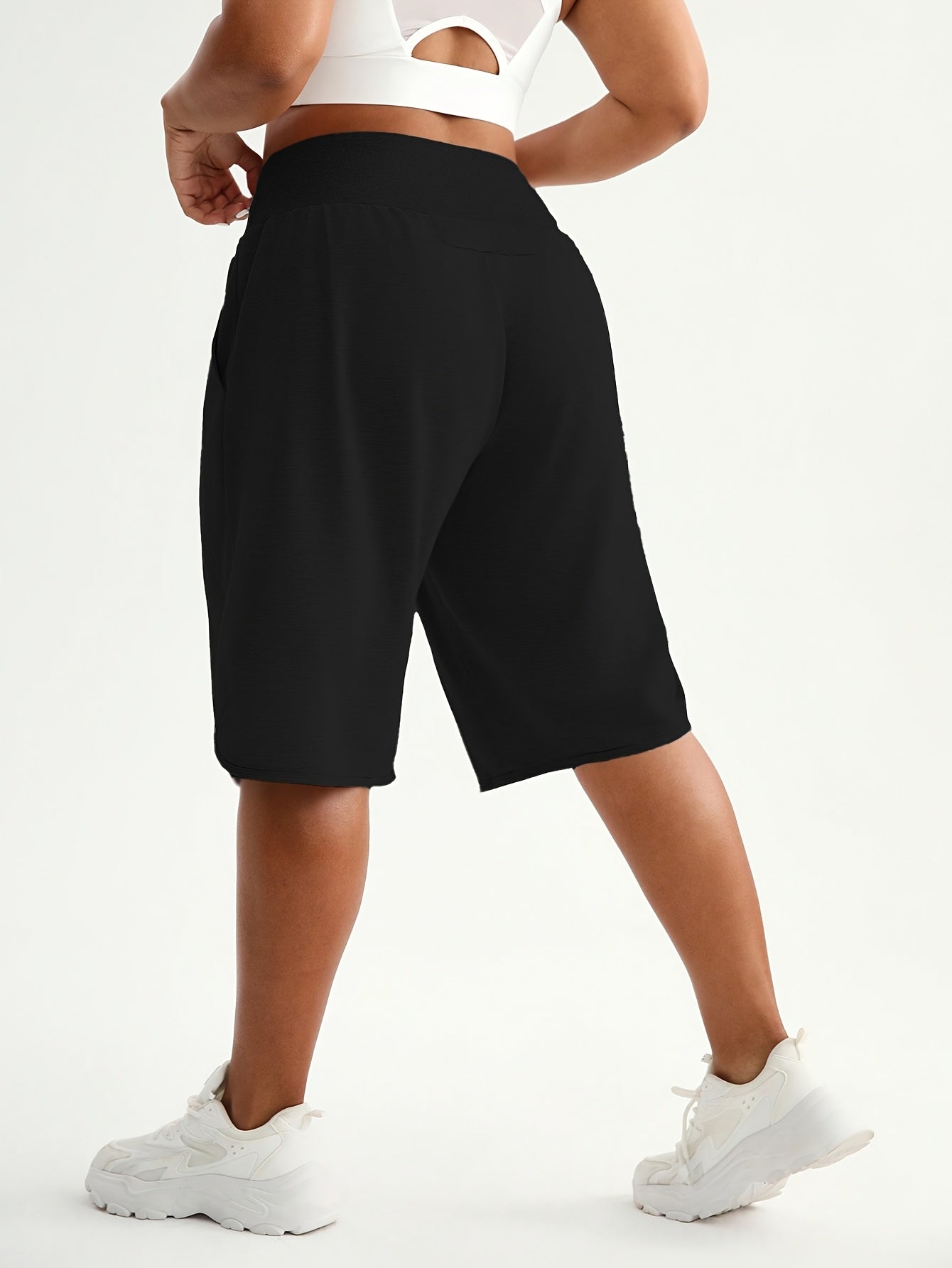 Plus Size High-Waisted Bermuda Shorts Navy Blue Loose Fit Stretchy Fabric