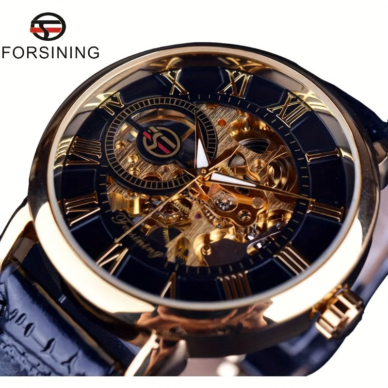 Men's Mechanical Watch with Hollow Design and Leather Strap for Young Men