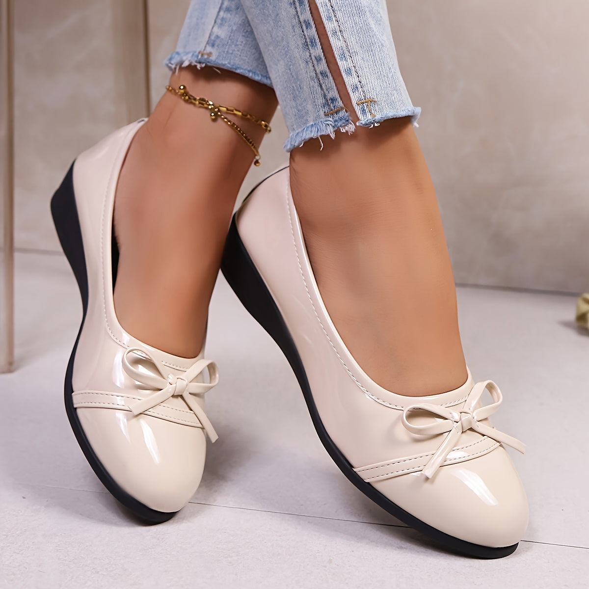 Women Loafers Glossy Black Synthetic Wedge Heel Casual Shoes