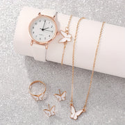 Women’s 6-Piece Quartz Watch and Jewelry Set with Leather Strap and Alloy Case