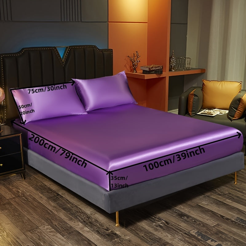 Satin Bedding Set 3 Pieces Fitted Sheet and Pillowcases Solid Color
