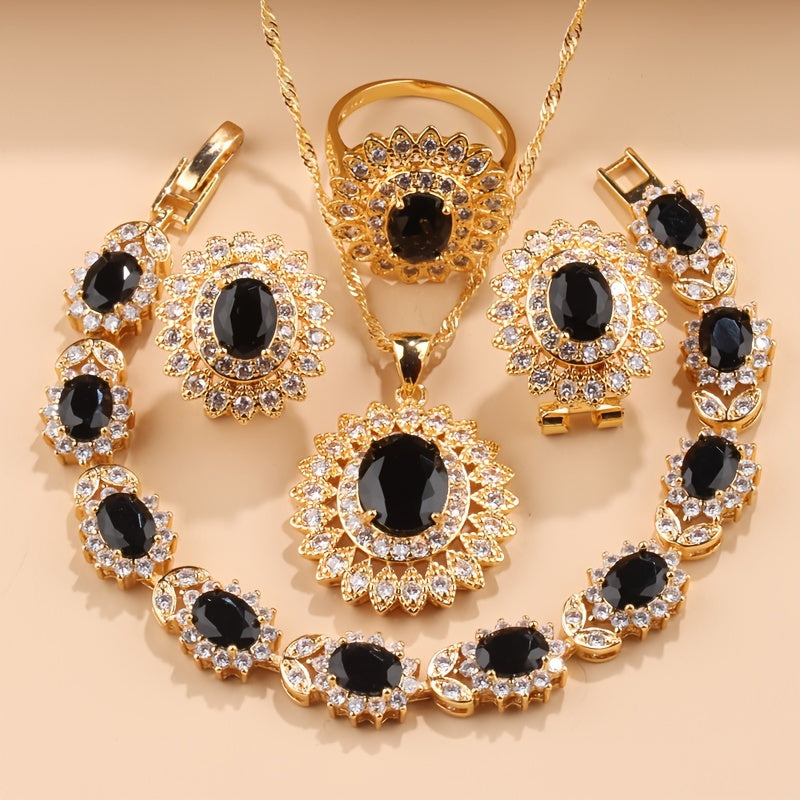 Sunflower Jewelry Set for Women 5-Piece Cubic Zirconia Necklace Earrings Ring Bracelet Gift