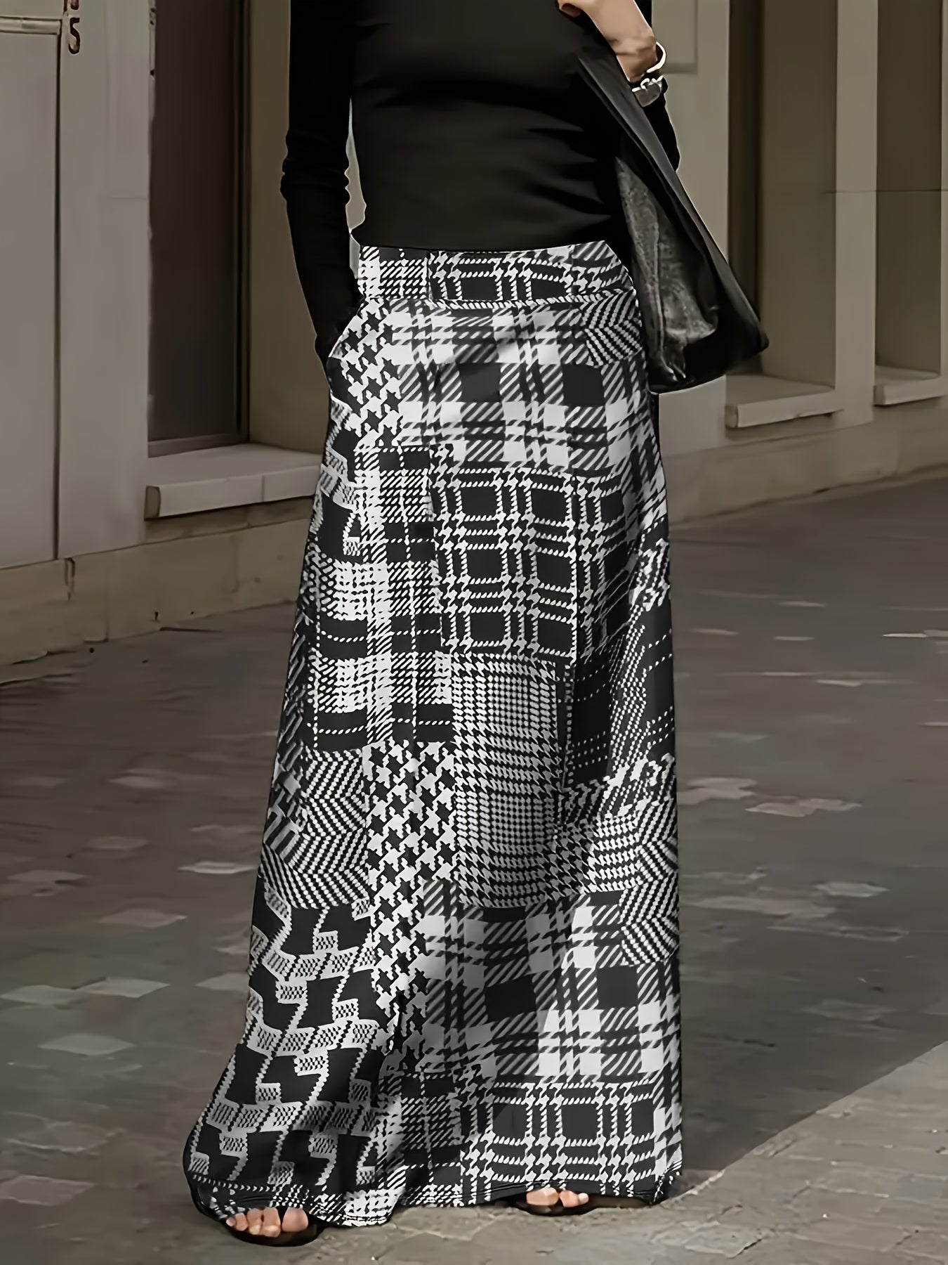 Women Houndstooth Maxi Skirt Stretchy Fabric Elastic Waist Casual Fall