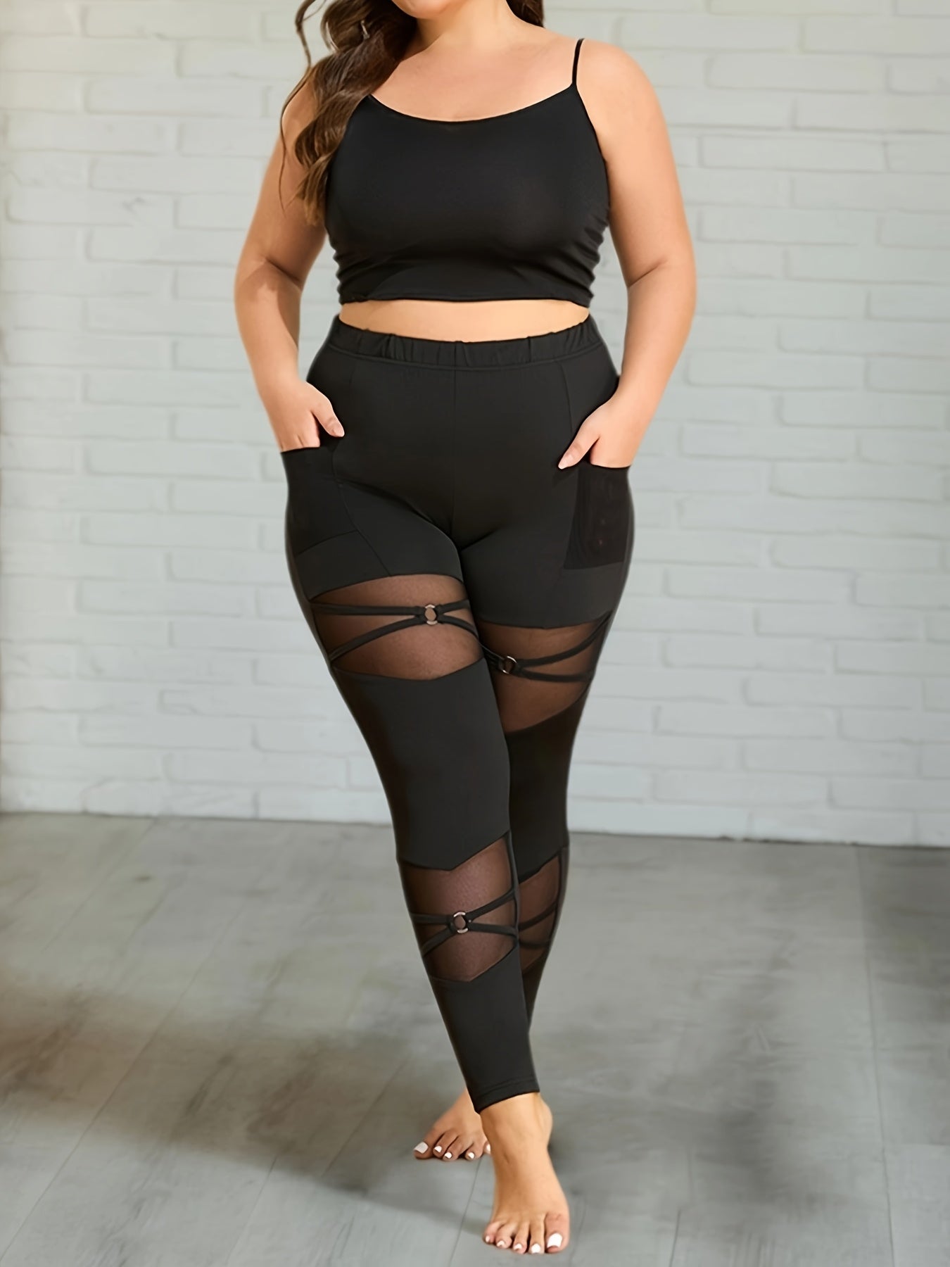 Plus Size Knitted Leggings with Mesh Pocket and Ring Buckle
