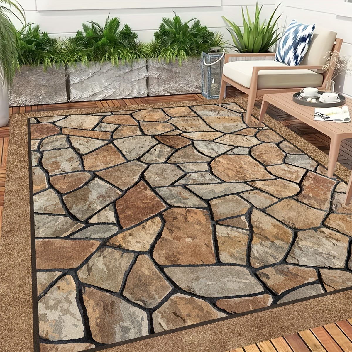 Stone Pattern Outdoor Patio Rug Water-Absorbent Stain-Resistant Polyester Braided Deck Carpet for Camping RV Sunroom Living Room