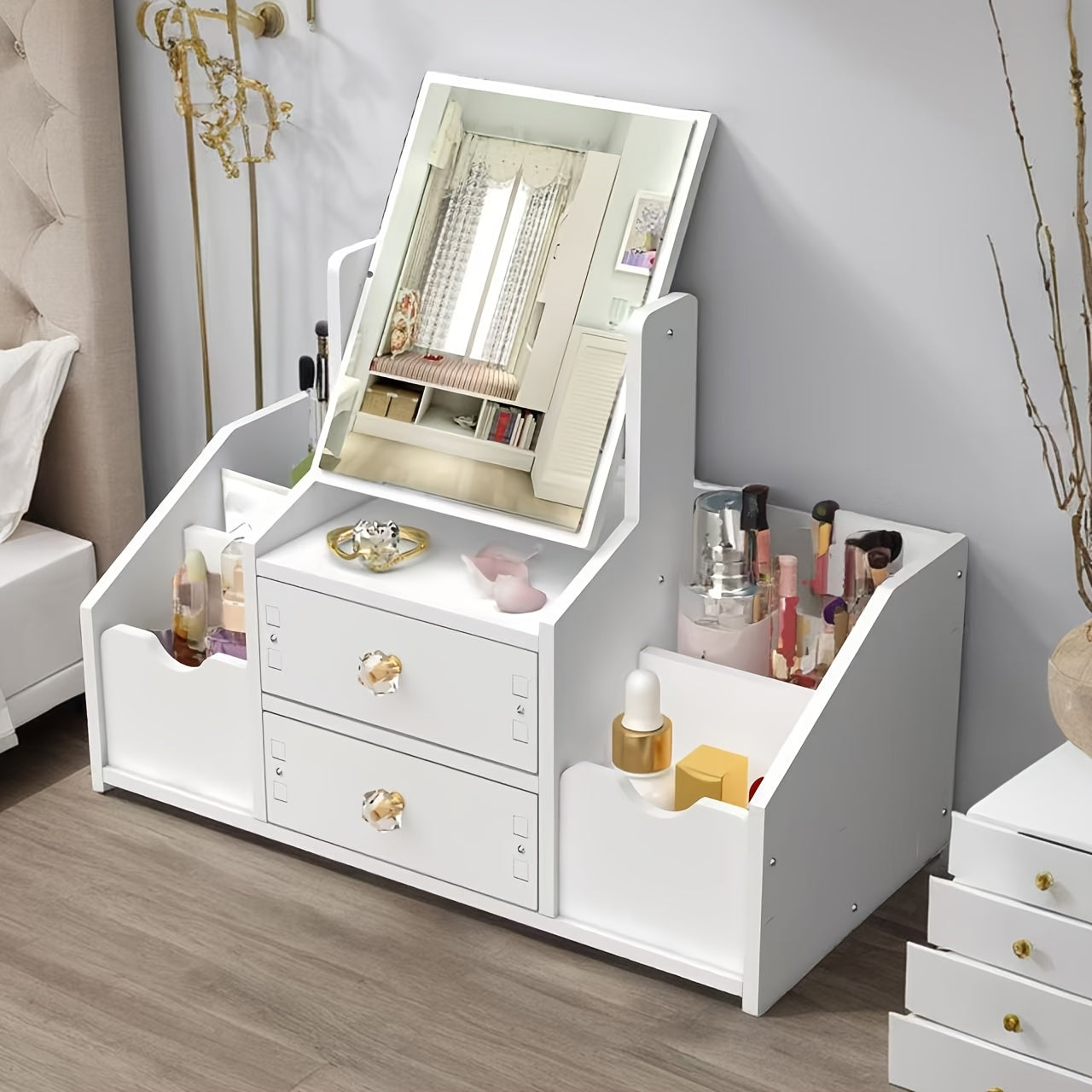Countertop Makeup Organizer with Mirror Drawer Floral Design for Skincare and Phone Storage