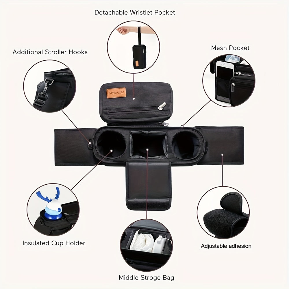 Stroller Organizer with Insulated Cup Holders Phone Pouch and Shoulder Strap