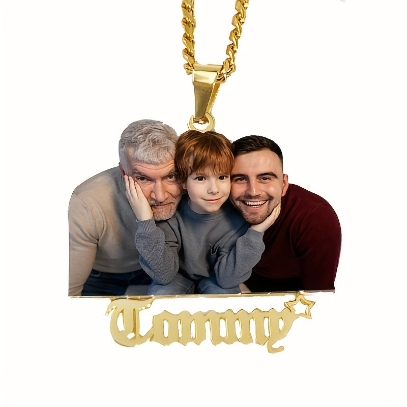 Personalized 18K Gold Plated Stainless Steel Photo Necklace with Engraved Name for Mothers Day Fathers Day Christmas