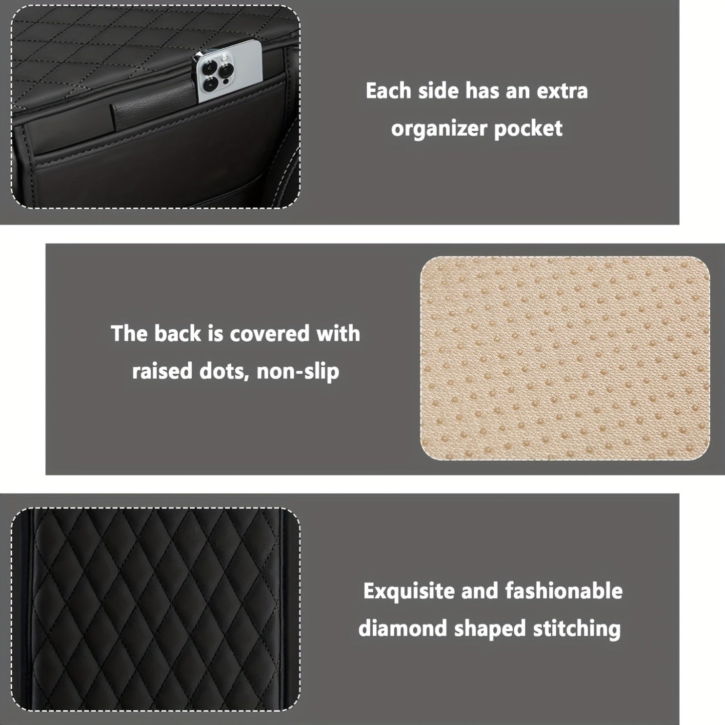 Universal moslik uchun qora faux teri avtomobil qo‘ltiq qopqog‘i, 2 ta saqlash cho‘ntagi bilan