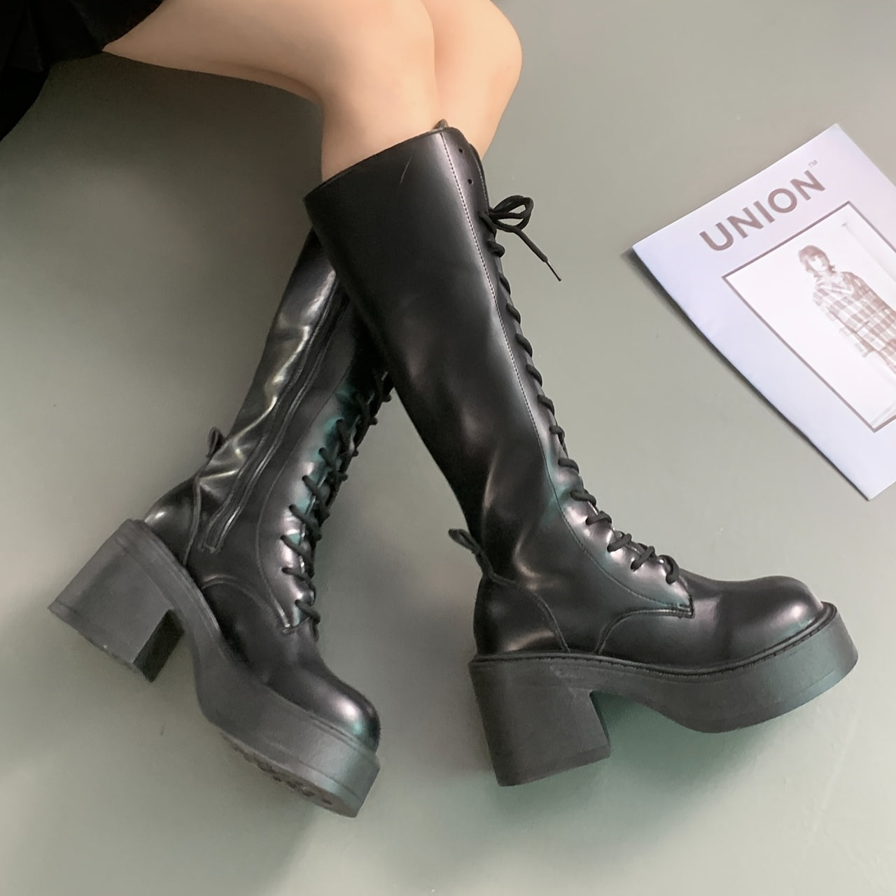 Women's Chunky Platform Ankle Boots Black Synthetic High Heels