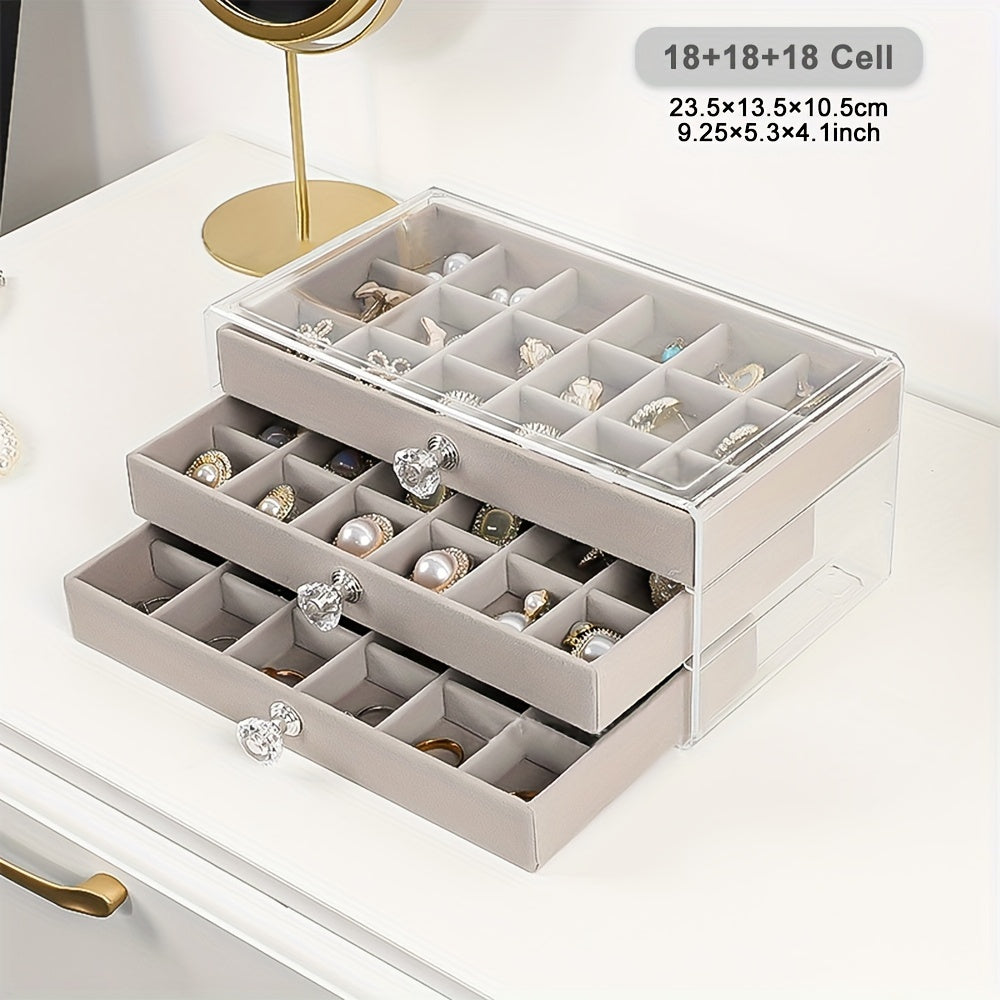 Organizador de joyas de acrílico con cajón de forro suave para collares, pendientes y anillos, azul claro y rosa