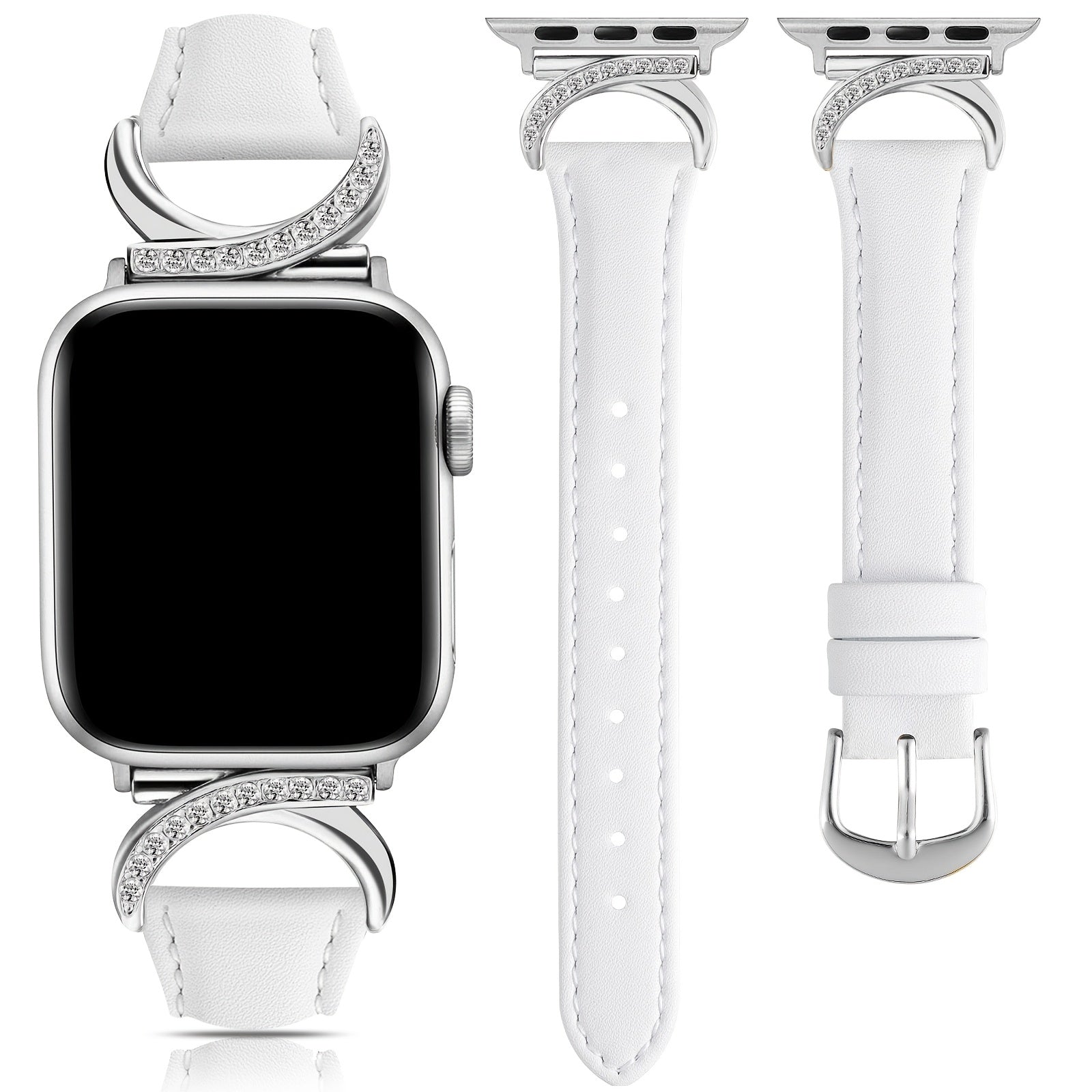 Women's Ultra-Thin Calfskin Watch Strap for Apple Watch Series 1-9 38mm-49mm Rhinestone Design
