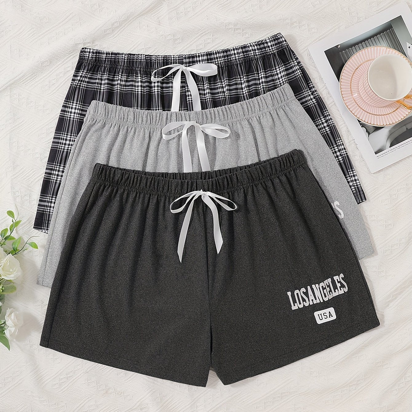 Women's Plus Size Lounge Sleep Shorts with Plaid and Letter Print
