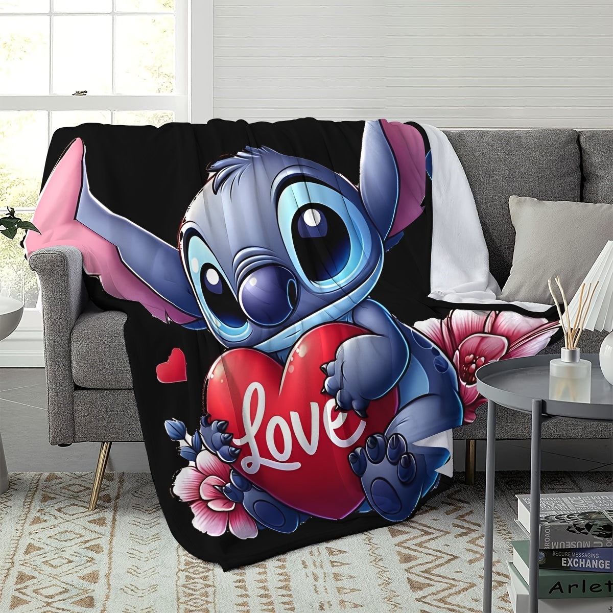 Cute Stitch Cartoon Love Heart Flannel Throw Blanket Soft Fleece All-Season