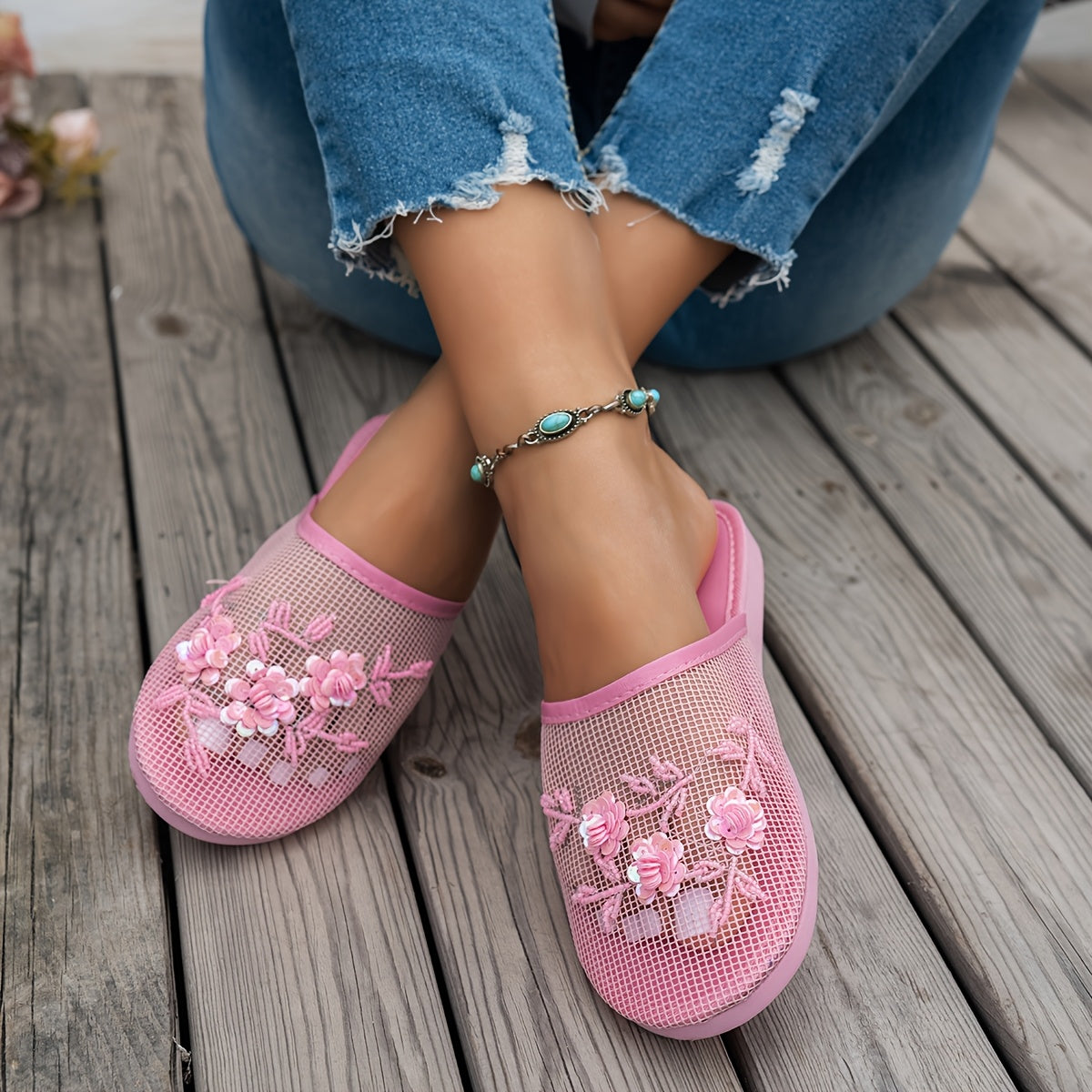 Women's Black Mesh Slide Sandals with Spider Web Pattern Lightweights