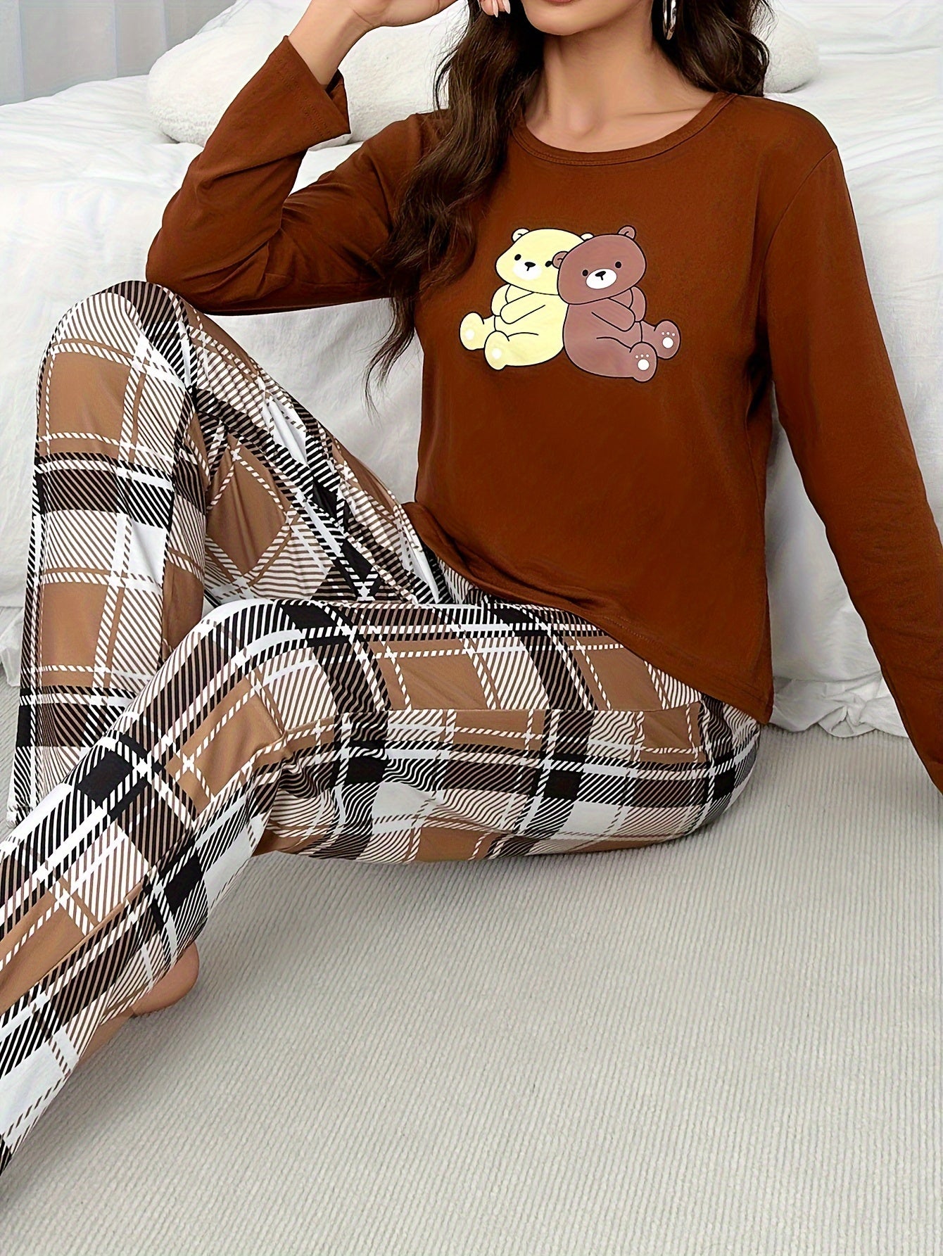 Women's Plaid Pajama Set Polyester Micro Elasticity Crew Neck Autumn Lounge Sleepwear
