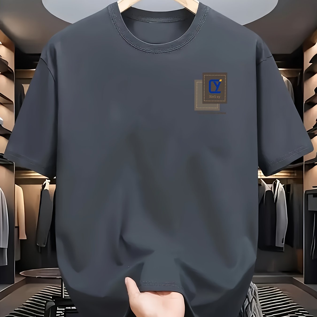 Men's Cotton Casual T-Shirt with R Print Crew Neck Short Sleeve All-Season