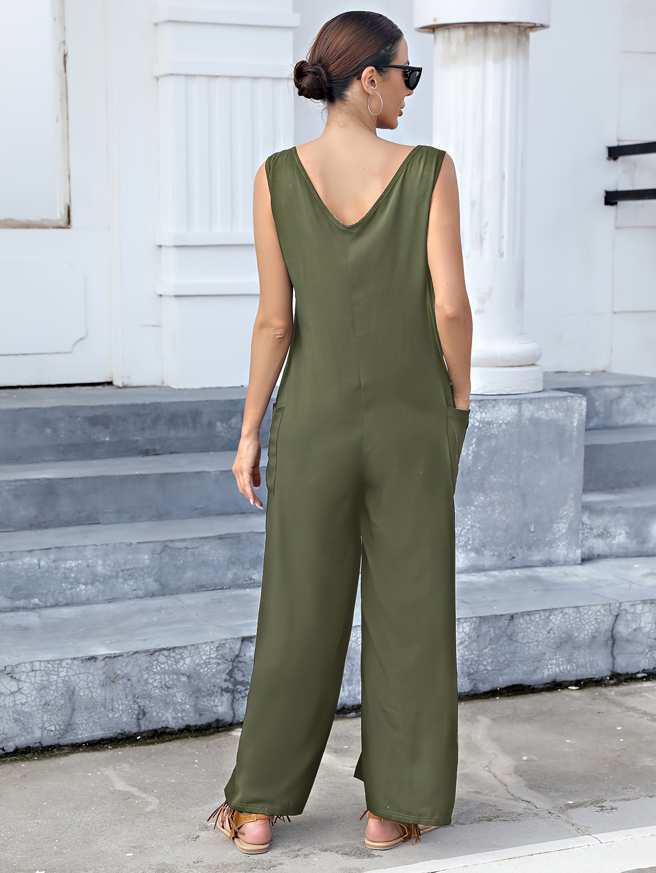 Mono casual de tirantes de talla grande para mujer con escote en V profundo y pantalones anchos y sueltos