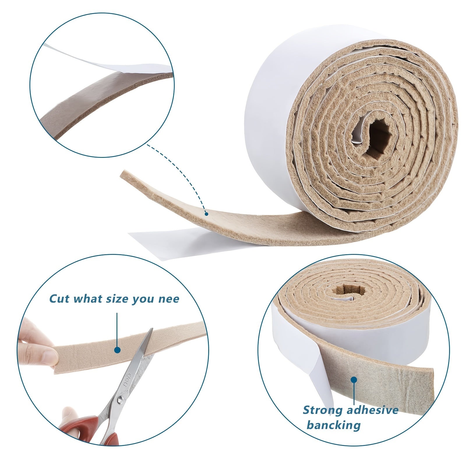 Beige Self-Adhesive Felt Tape 2 Rolls Non-Slip Furniture Floor Protection