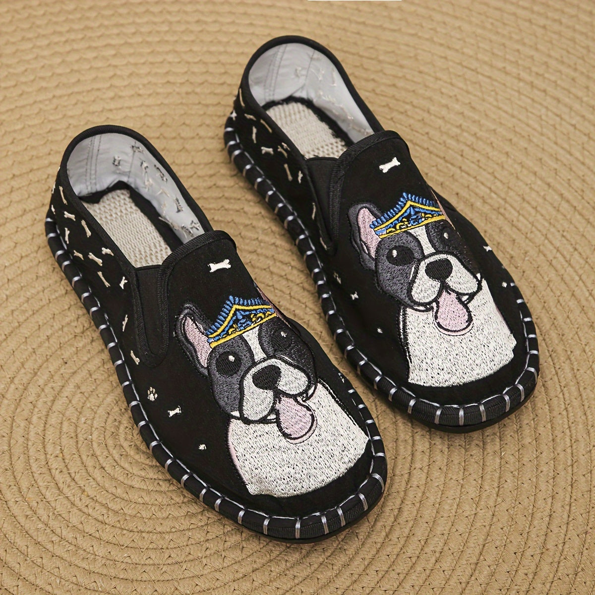 Women's Embroidered French Bulldog Slippers with Anti-Slip Sole, Indoor-Outdoor