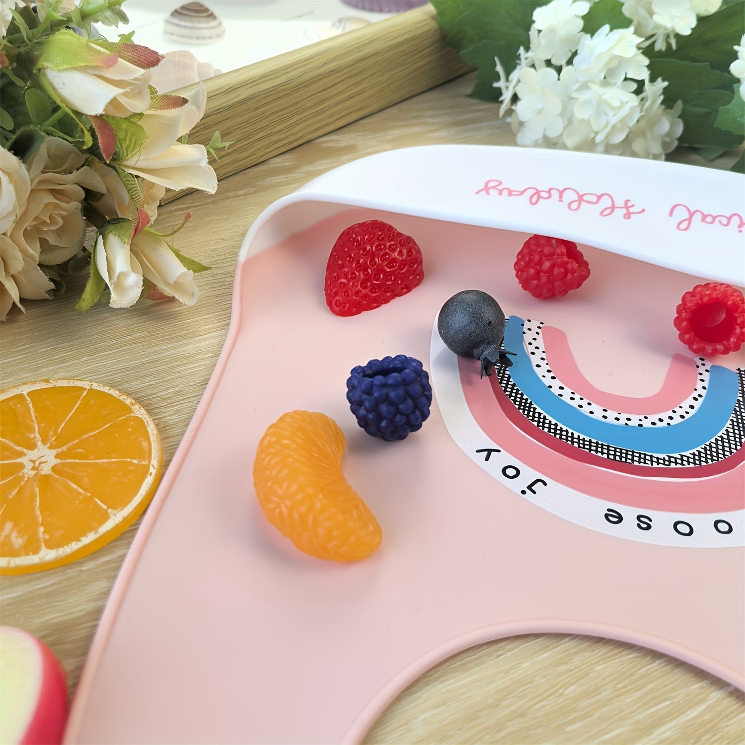 Silicone Kids Bib Pink Waterproof with Rainbow Crown Space Design for Boys Girls