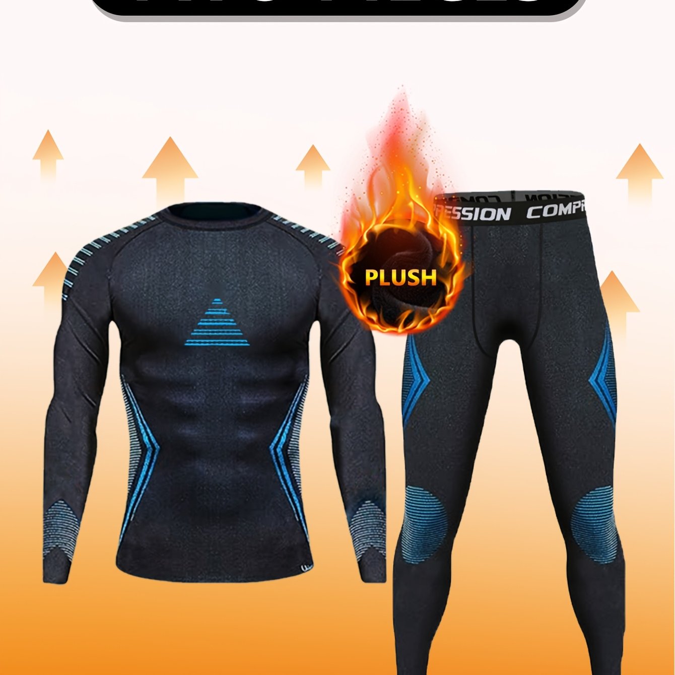 Men's Thermal Compression Set for Fall Winter Plush-Lined Top and Leggings High Stretch Polyester