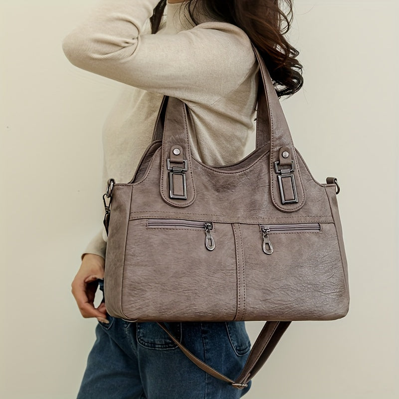 Retro PU Leather Tote Bag with Multiple Pockets Large Capacity Casual Shoulder Crossbody Bag