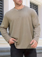 Men's Plus Size Dark Gray Long Sleeve Crewneck Top in Soft Polyester Knit for Fall Winter
