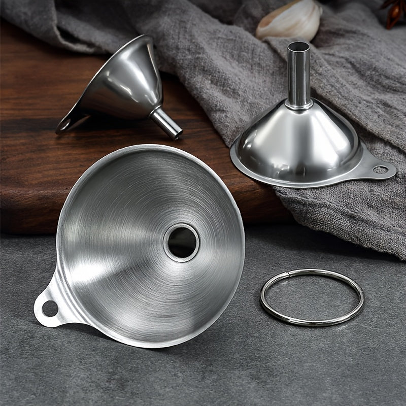 Set of 3 Stainless Steel Funnels with Lids and Strainers for Kitchen Use