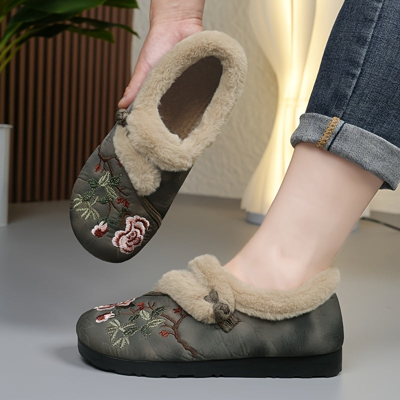 Women's Ethnic Embroidery Winter Boots Faux Fur Lined Non-Slip Sole Red Green