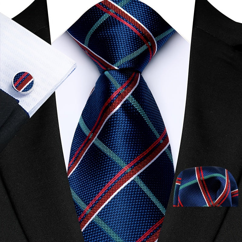 Men's Plaid Paisley Flower Tie Set with Cufflinks and Handkerchief Pack of 3