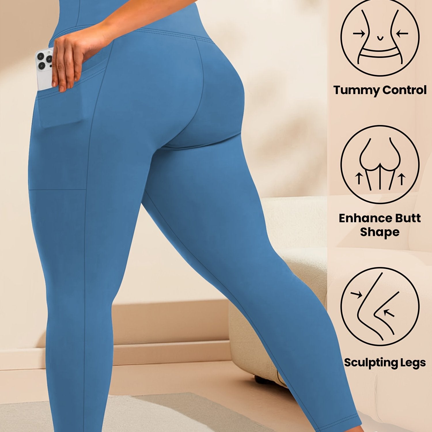 Plus Size High Waist Leggings with Pockets Solid Color Knit Fabric