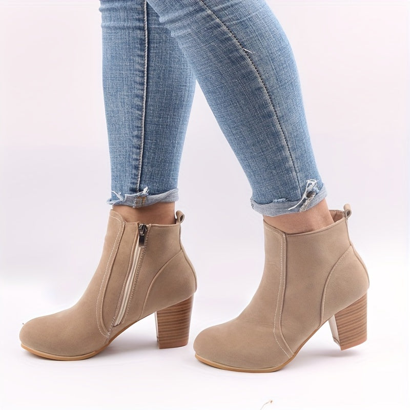 Women's Beige Fabric Ankle Boots With Side Zipper Block Heel Platform