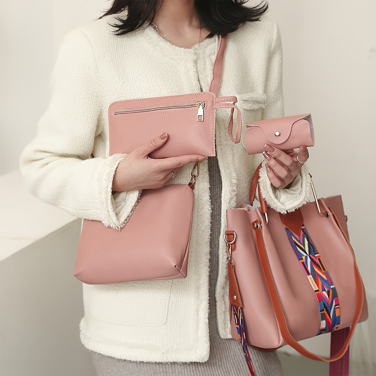 European and American Fashion Multi-Purpose Bag Set with Four Bags in Black Polyester PU