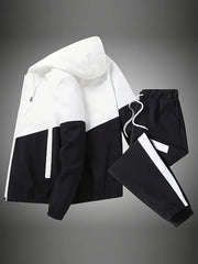 Men's Sports Casual Suit with Patchwork Color Hooded Jacket for Spring Fall