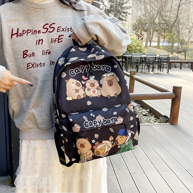 Cute Capybara Pattern Backpack Large Capacity Nylon School Bag with Adjustable Straps