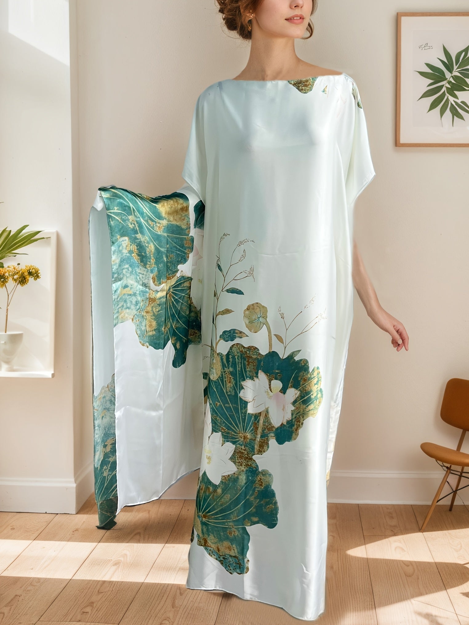 Women's Plus Size Floral Print Maxi Kaftan Dress with Scarf, Loose Fit