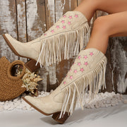 Women's Western Cowboy Boots with Pointed Toe Chunky Heel Pink Embroidery