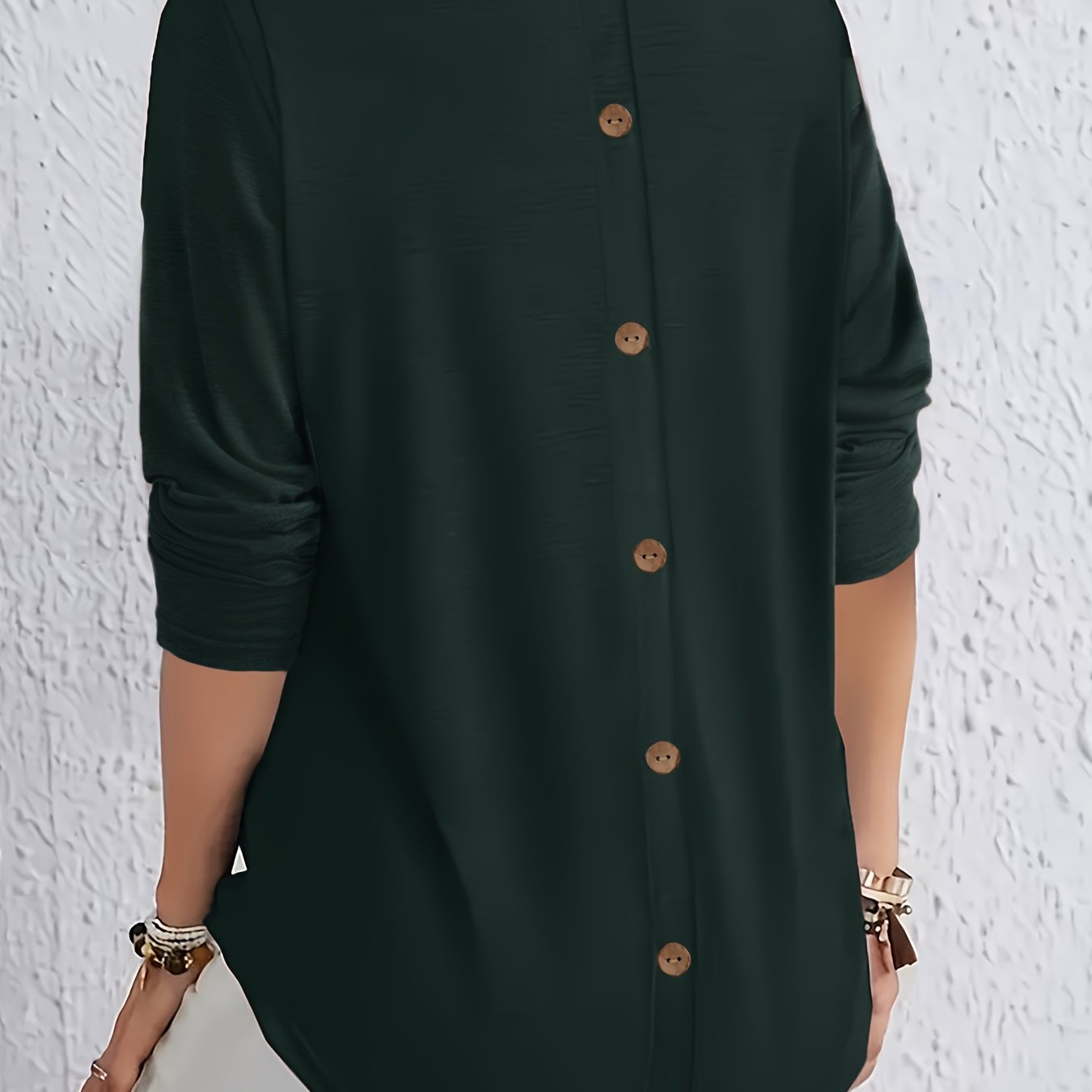 Plus Size Long Sleeve Top for Women with Button Back Crew Neck Solid Color Autumn Spring
