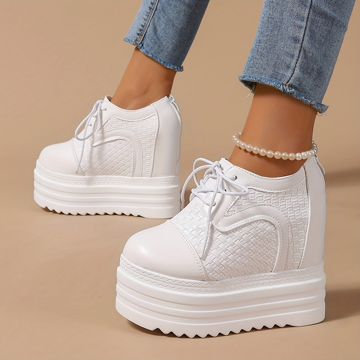 Zapatillas de PU transpirables para mujer con plataforma de tacón de 12cm, zapatos casuales