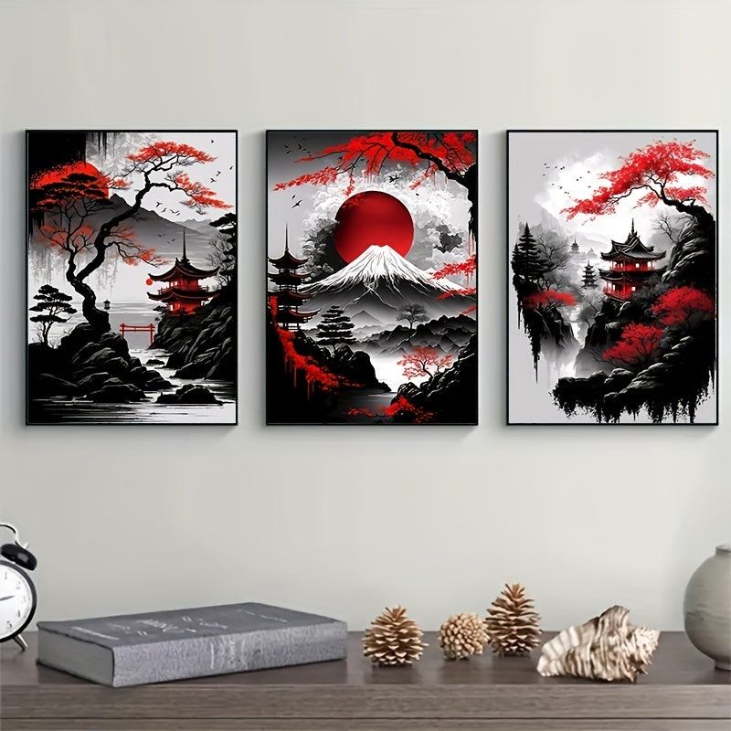 Set of 3 Japanese Landscape Canvas Wall Art Prints Black Red Vintage Ink Posters for Home Decor
