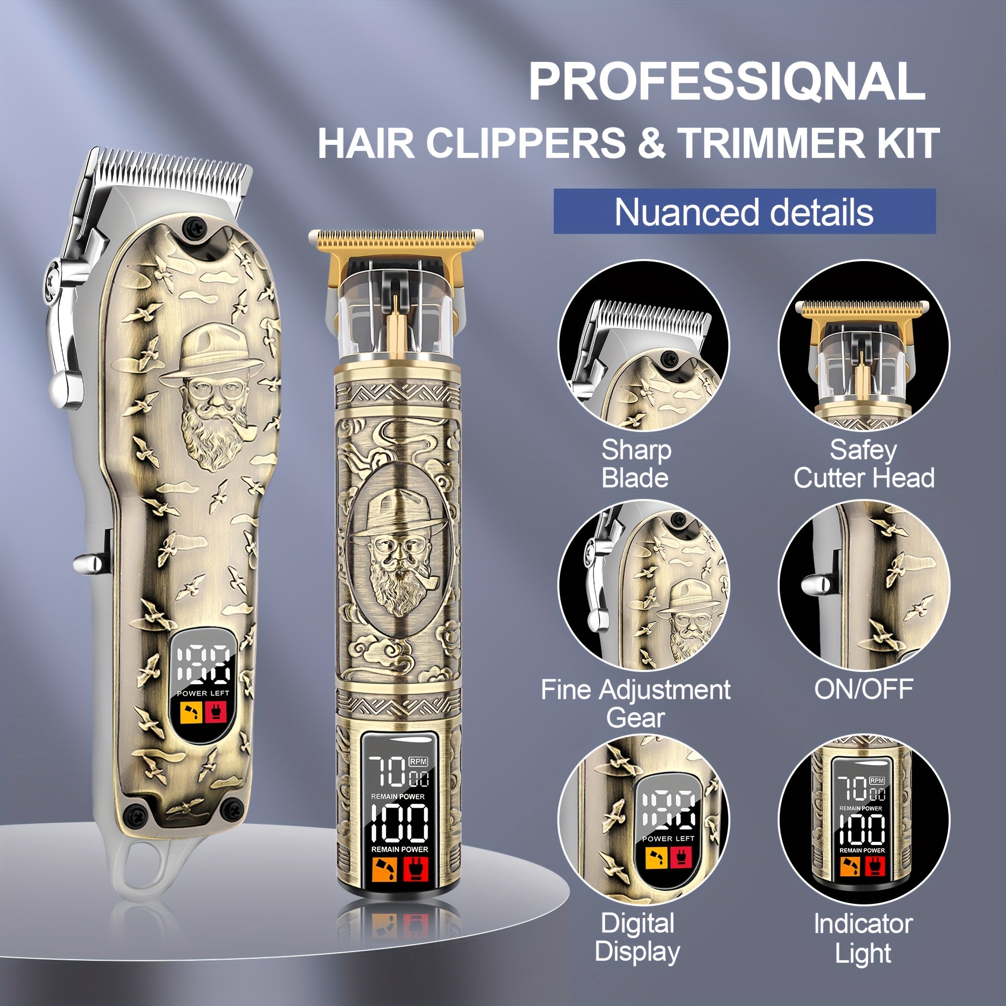 Set de cortapelos profesional con cuchilla de acero inoxidable, batería de litio recargable, carga USB, pantalla digital, operación inalámbrica, cuerpo de aleación de zinc