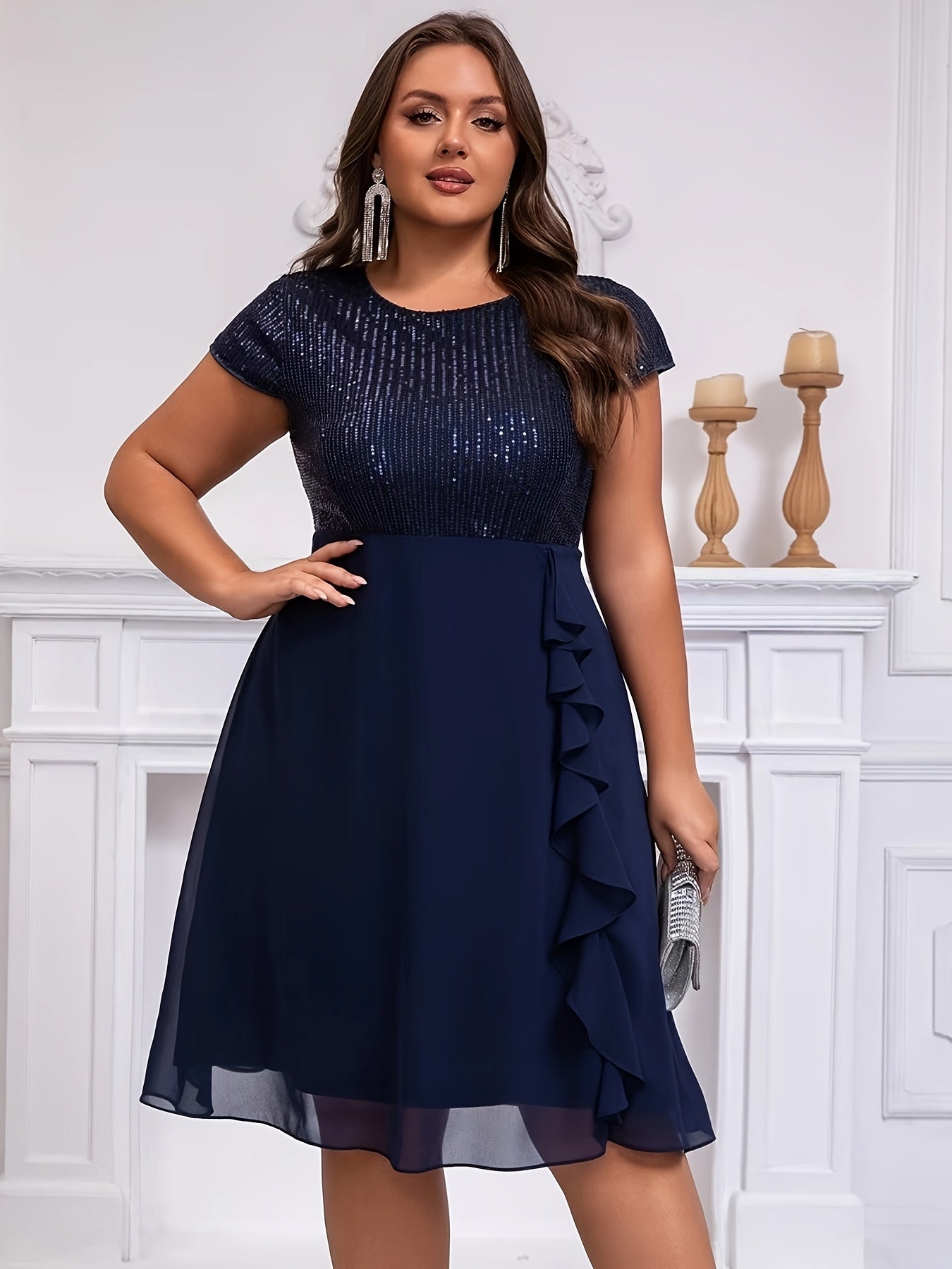 Plus Size Women's Chiffon Dress with Sequin Patchwork