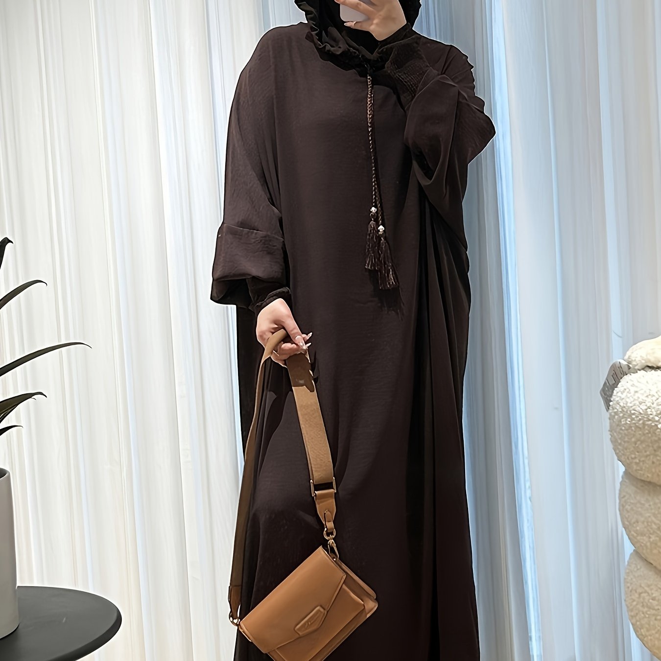 Women's Black Abaya with Batwing Sleeves Hooded Loose Fit Polyester All Seasons Minimalist Style