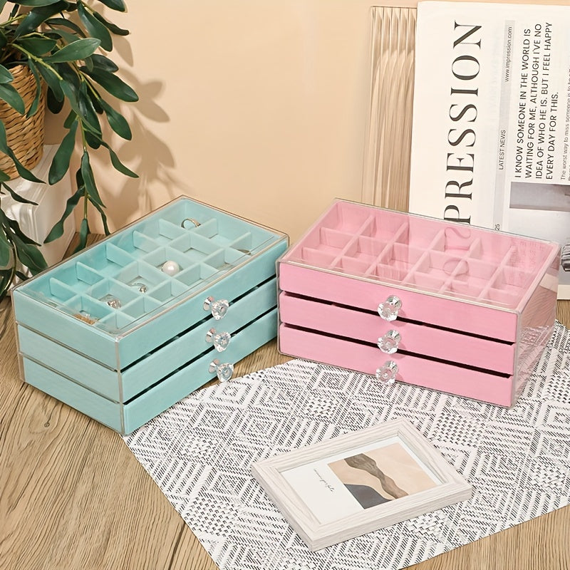 Acrylic Jewelry Organizer with Soft Lining Drawer for Necklaces Earrings Rings Light Blue Pink