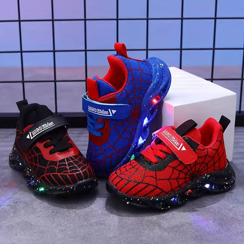 Boys LED Sneakers Rubber Sole Mesh Casual Shoes with Spider Web Design in Red and Blue