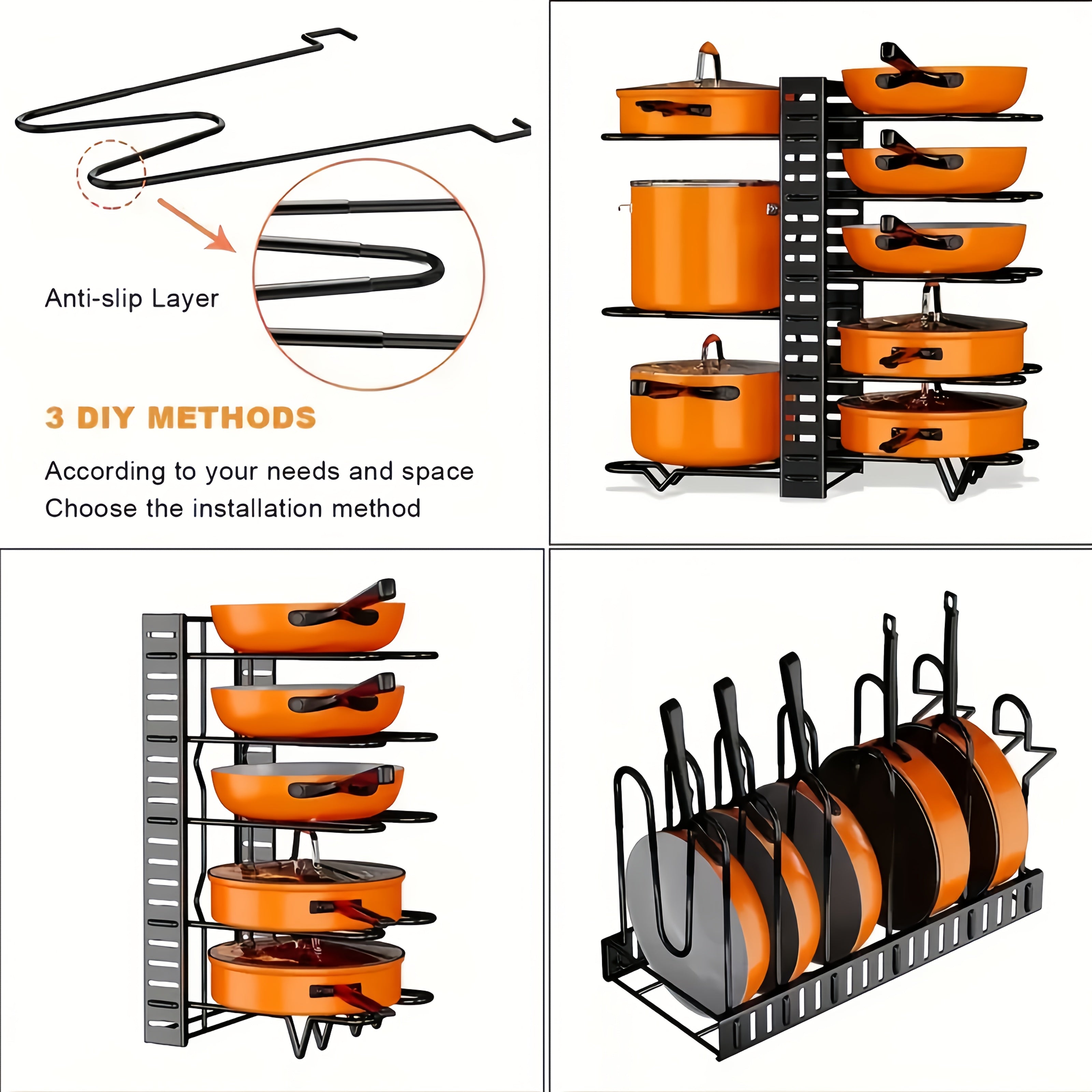 8-Tier Heavy-Duty Iron Pot Rack Organizer Rust-Resistant Space-Saving Floor Storage